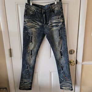LR Scoop Jeans Mens Moto 32x32 Blue Painted Slim Fit Stretch Grunge Distressed